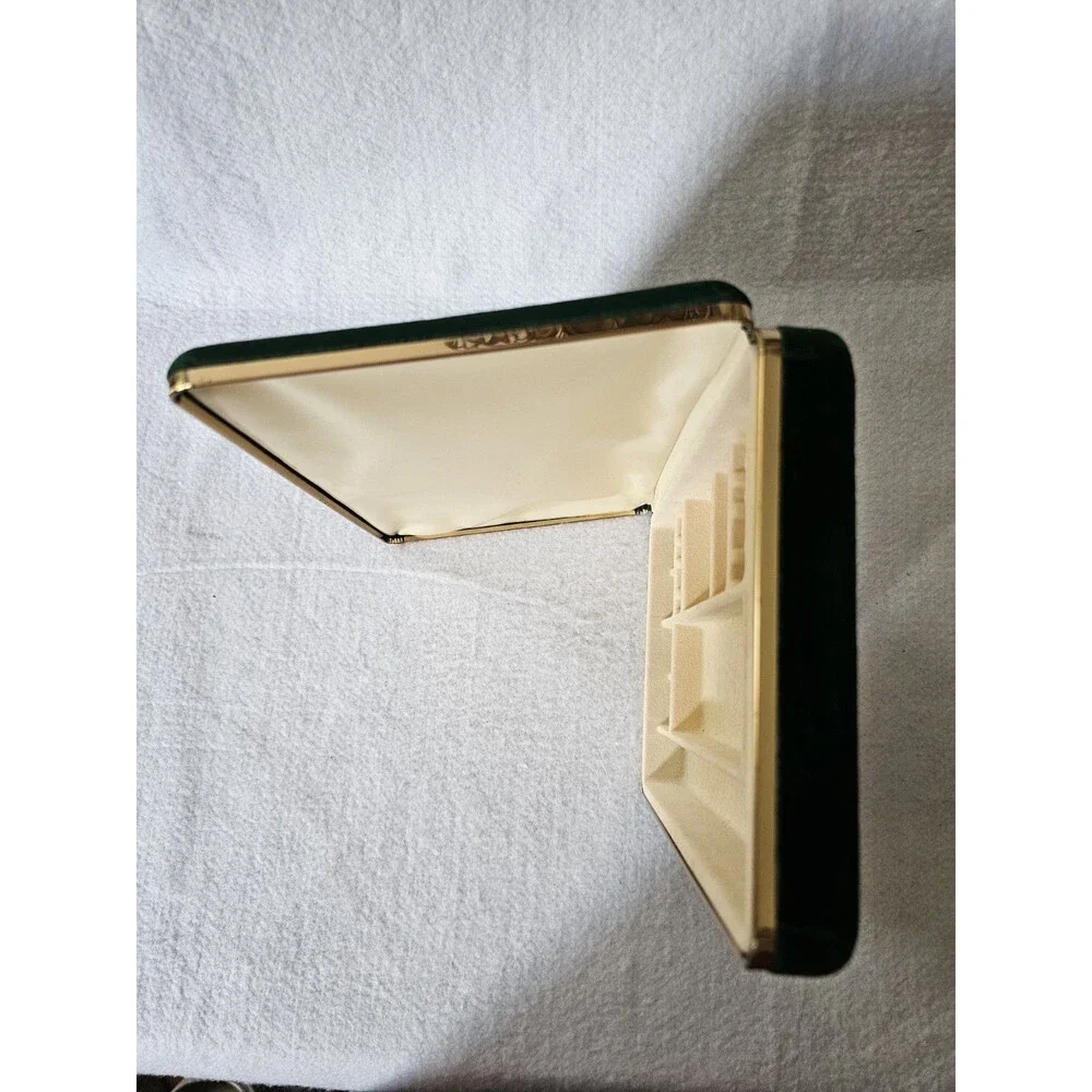 Vintage Green Velvet Jewelry Box Gold Tone Trim Ring Earring Trinket Storage
